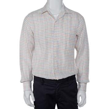Pre Owned Loro Piana White Checkered Linen Button Front Shirt M