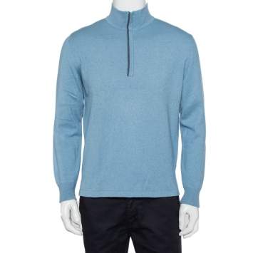Pre Owned Loro Piana Blue Cashmere & Silk Half Zip High Neck Sweater M