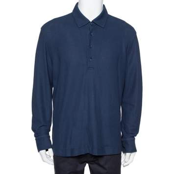 Pre Owned Loro Piana Navy Blue Cotton Pique Long Sleeve Polo T-Shirt 3XL