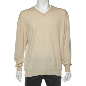 Pre Owned Loro Piana Beige Cashmere Knit V Neck Sweater XL