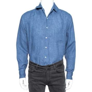 Pre Owned Loro Piana Blue Linen Button Front Shirt L