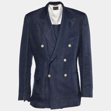 Pre Owned Loro Piana Navy Blue Textured Wool Double Breasted Blazer XXL