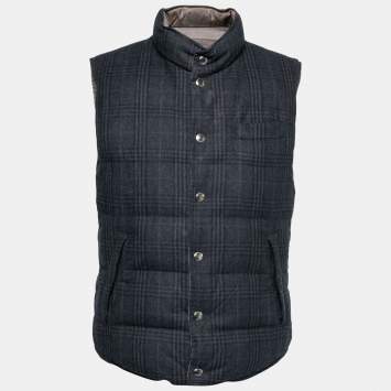 Pre Owned Loro Piana Blue Checkered Wool Sleeveless Puffer Jacket L