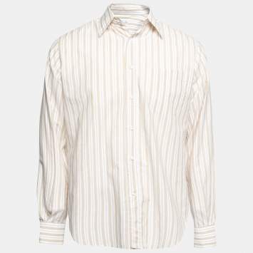 Pre Owned Loro Piana Beige & White Striped Cotton Button Front Shirt L