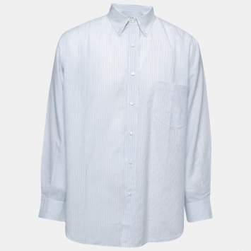 Pre Owned Loro Piana Blue Striped Cotton & Linen Button Down Shirt 2XL