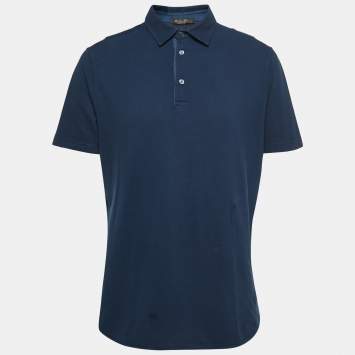 Pre Owned Loro Piana Navy Blue Cotton Pique Short Sleeve Polo T-Shirt XL