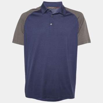 Pre Owned Loro Piana Navy Blue Silk & Cotton Knit Contrast Detail Polo T-Shirt XL