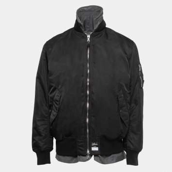 Pre Owned Loro Piana Black/Grey Nylon & Wool Bomber Jacket L