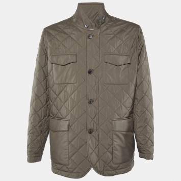 Pre Owned Loro Piana Brown Diamond Quilted Leather Trim Detail Jacket XXL
