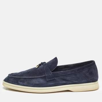مملوكة مسبقًا Loro Piana Navy Blue Suede Summer Charms Walk Loafers Size 41.5