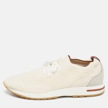 Pre Owned Loro Piana White/Grey Knit Fabric and Leather 360 LP Flexy Walk Lace Up Sneakers Size 44