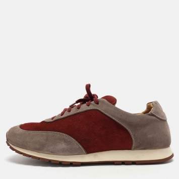 مملوكة مسبقًا Loro Piana Grey/Burgundy Suede Weekend Walk Low Top Sneakers Size 46