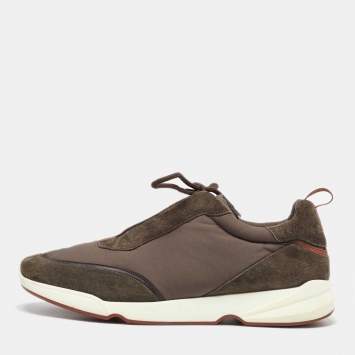 Pre Owned Loro Piana Olive Green Satin and Suede Modular Walk Sneakers Size 45.5