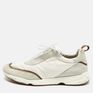 Pre Owned Loro Piana White/Grey Neoprene and Suede Modular Walk Sneakers Size 46