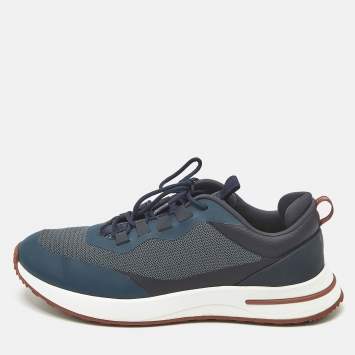 Pre Owned Loro Piana Navy Blue Knit Fabric and Leather Week End Walk Lace Up Sneakers Size 42