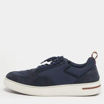 Pre Owned Loro Piana Navy Blue Neoprene and Suede 360 LP Flexy Walk Lace Up Sneakers Size 43