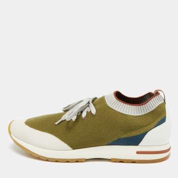 Pre Owned Loro Piana 360 LP Flexy Walk Size 44 Green/White Knit Fabric and Leather Lace Up Sneakers