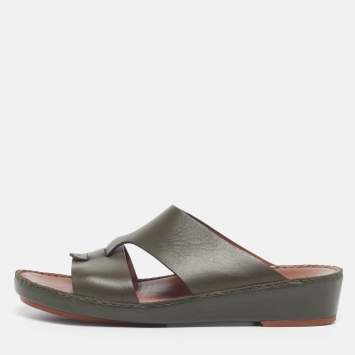 Pre Owned Loro Piana New Buckle Size 43.5 Green Leather Slide Sandals