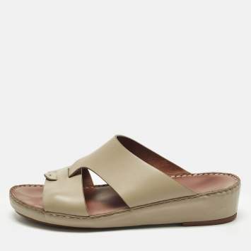 Pre Owned Loro Piana New Buckle Size 43.5 Beige Leather Slide Sandals