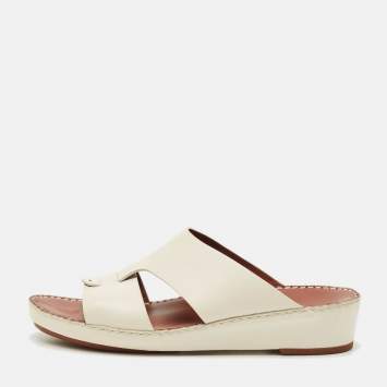 Pre Owned Loro Piana New Buckle Size 43.5 White Leather Slide Sandals
