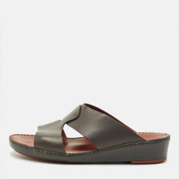 Pre Owned Loro Piana New Buckle Size 43.5 Grey Leather Slide Sandals