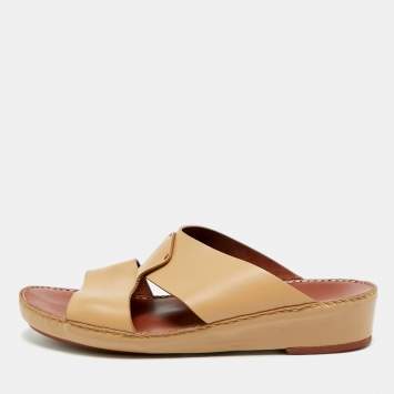 Pre Owned Loro Piana New Buckle Size 43.5 Brown Leather Slide Sandals