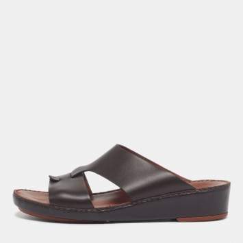 Pre Owned Loro Piana New Buckle Size 43.5 Dark Brown Leather Slide Sandals