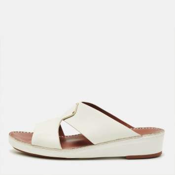 Pre Owned Loro Piana New Buckle Size 43.5 White Leather Slide Sandals