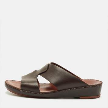 Pre Owned Loro Piana New Buckle Size 43.5 Dark Brown Leather Slide Sandals