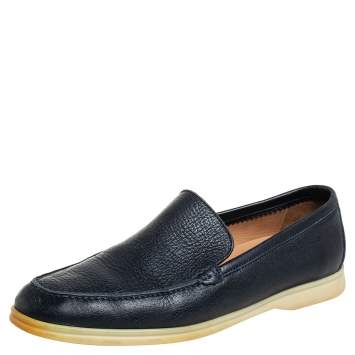 Pre Owned Loro Piana Navy Blue Leather Summer Walk Slip On Loafers Size 43.5