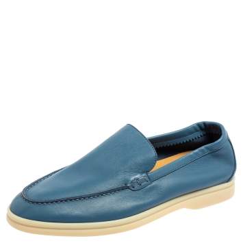 Pre Owned Loro Piana Cornflower Blue Leather Summer Walk Slip On Loafers Size 39