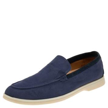 مملوكة مسبقًا Loro Piana Blue Canvas And Suede 'Summer Walk' Slip On Loafers Size 45