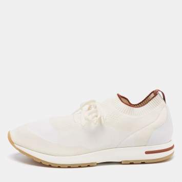 Pre Owned Loro Piana White/Grey Fabric And Leather Lady Flexy Walk Sneakers Size 45