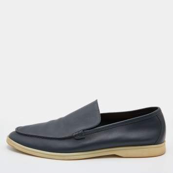 Pre Owned Loro Piana Navy Blue Leather Summer Walk Slip On Loafers Size 46.5