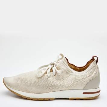 مملوكة مسبقًا Loro Piana Off White Knit Fabric 360 Flexy Walker Lace Up Sneakers Size 44