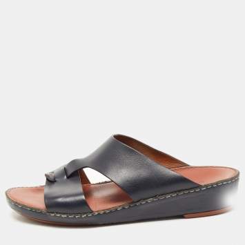 Pre Owned Loro Piana Navy Blue Leather Buckle Sandals Size 44.5 
