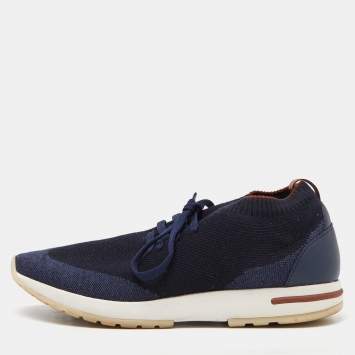 Pre Owned Loro Piana Navy Blue Knit Fabric and Leather 360 Flexy Walker Sneakers Size 40