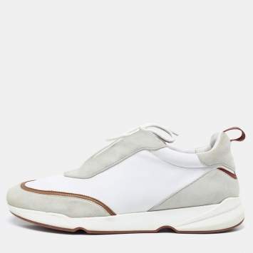 Pre Owned Loro Piana White/Grey Neoprene and Suede Modular Walk Sneakers Size 45