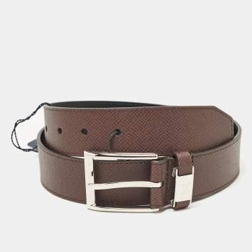 Pre Owned Louis Vuitton Brown Taiga Leather LV City Pin Buckle Belt 85 CM