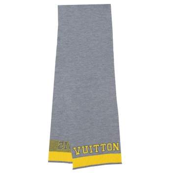 Pre Owned Louis Vuitton Grey & Yellow Logo Wool Louis Scarf