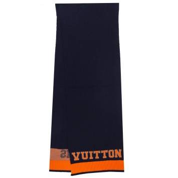 Pre Owned Louis Vuitton Navy Blue & Orange Logo Wool Louis Scarf