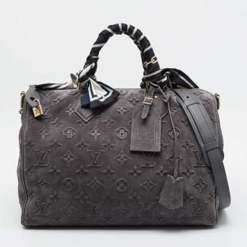 Pre Owned Louis Vuitton Speedy P9 Bandoulière Grey Monogram Debossed Suede Duffel Bag