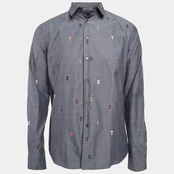 Pre Owned Louis Vuitton Grey Alphabet Fil Coupe Cotton DNA Collar Shirt S