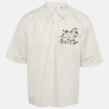 Pre Owned قميص لوي فيتون قطن كم قصير بطبعة شريط رمادي مقاس متوسط