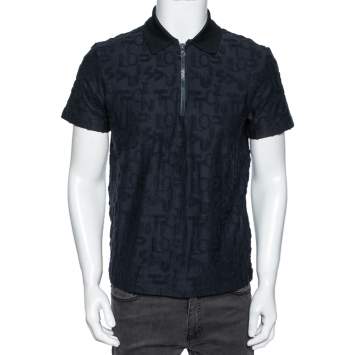Pre Owned Louis Vuitton Navy Blue Logo Jacquard Terry Cotton Polo T-Shirt XS