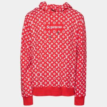 Pre Owned Louis Vuitton X Supreme Red Monogram Cotton Box Logo Hoodie XXXL