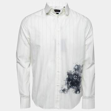 Pre Owned Louis Vuitton Off-White Striped Monogram Spray Print Cotton Regular Fit Shirt S