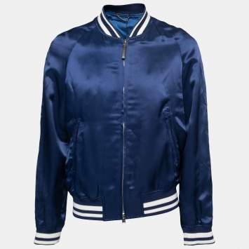Pre Owned Louis Vuitton Blue Sateen Rib Knit Trimmed Zip Front Jacket L