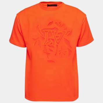 Pre Owned Louis Vuitton Neon Orange Logo Embroidered Cotton T-Shirt XS