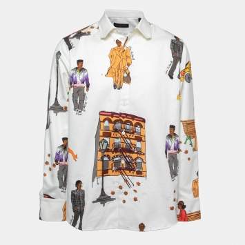 Pre Owned Louis Vuitton White New Walkers Print Cotton DNA Collar Shirt L